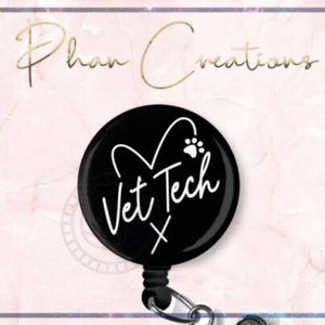 Black Vet Tech Retractable Badge Reel Cute Veterinarian Scrub ID Holder